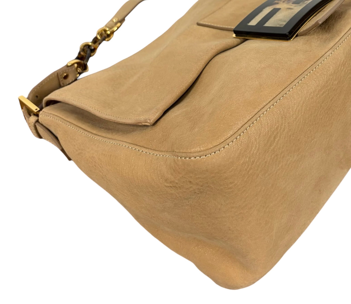 Fendi 2011 Tan Micro Suede Marble Logo XL Mamma Baguette Shoulder Bag