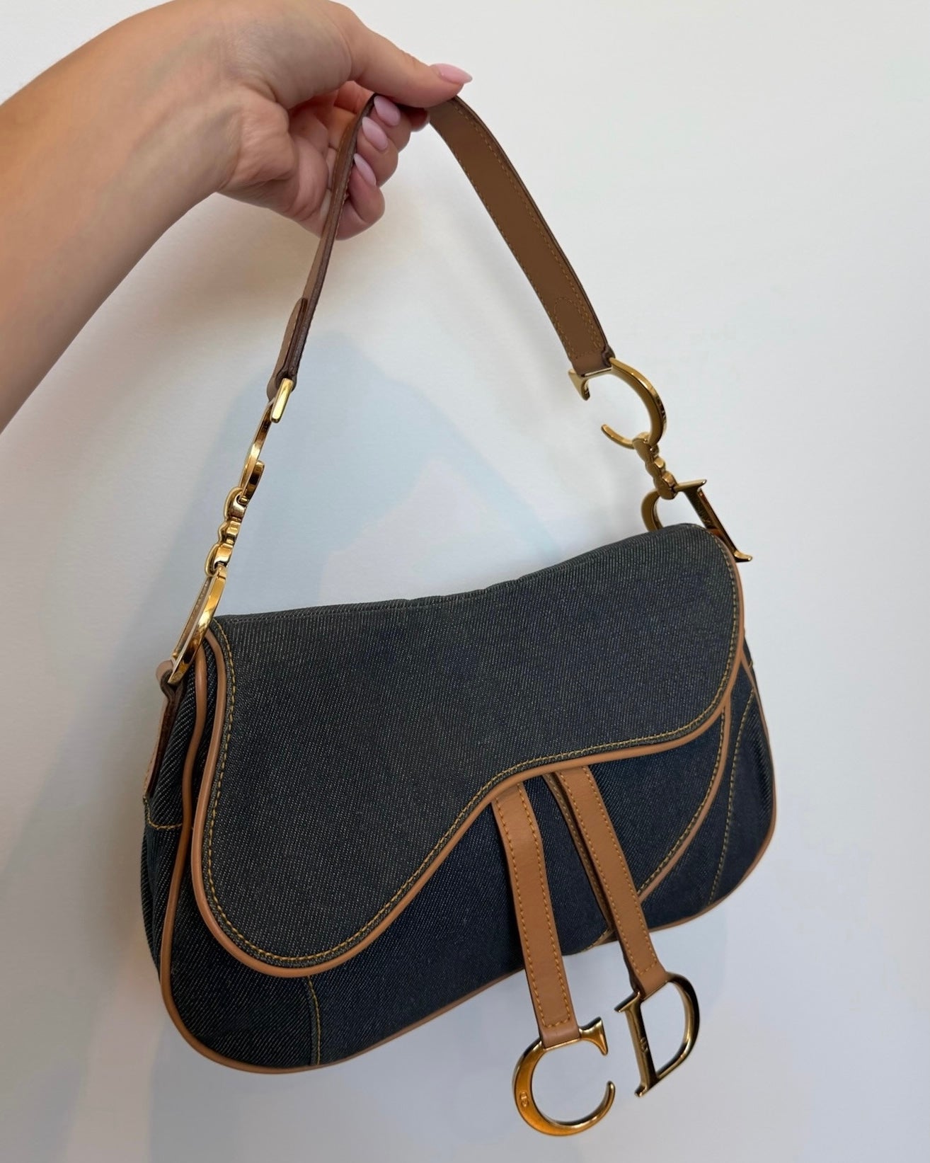 Dior Vintage 2001 Blue Denim Double Saddle Bag