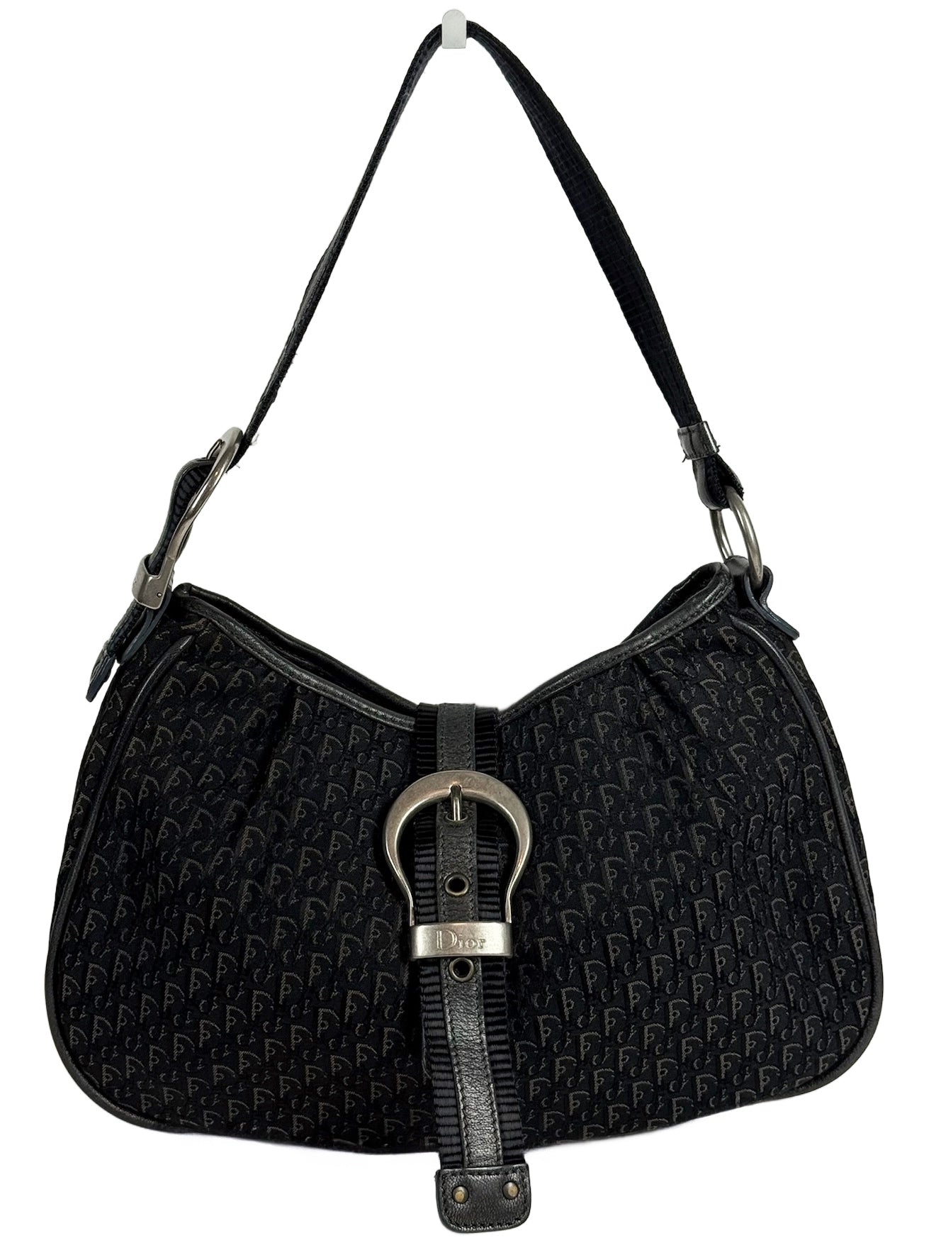 Dior Vintage Black Trotter Monogram Saddle Buckle Small Hobo Shoulder Bag