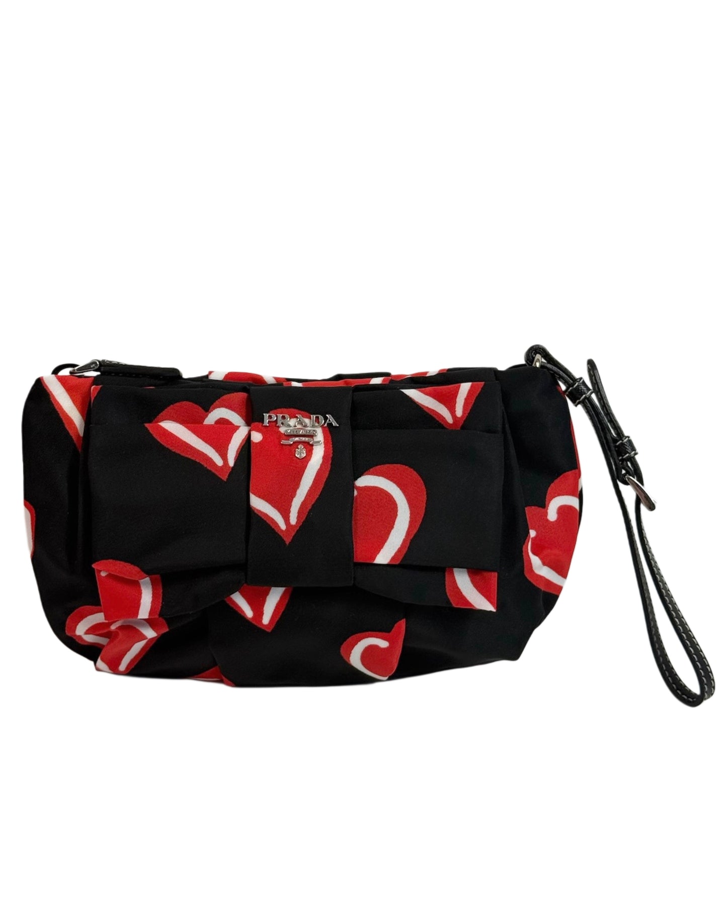 Prada Vintage Black Nylon Red Heart Logo Wristlet Clutch Bag