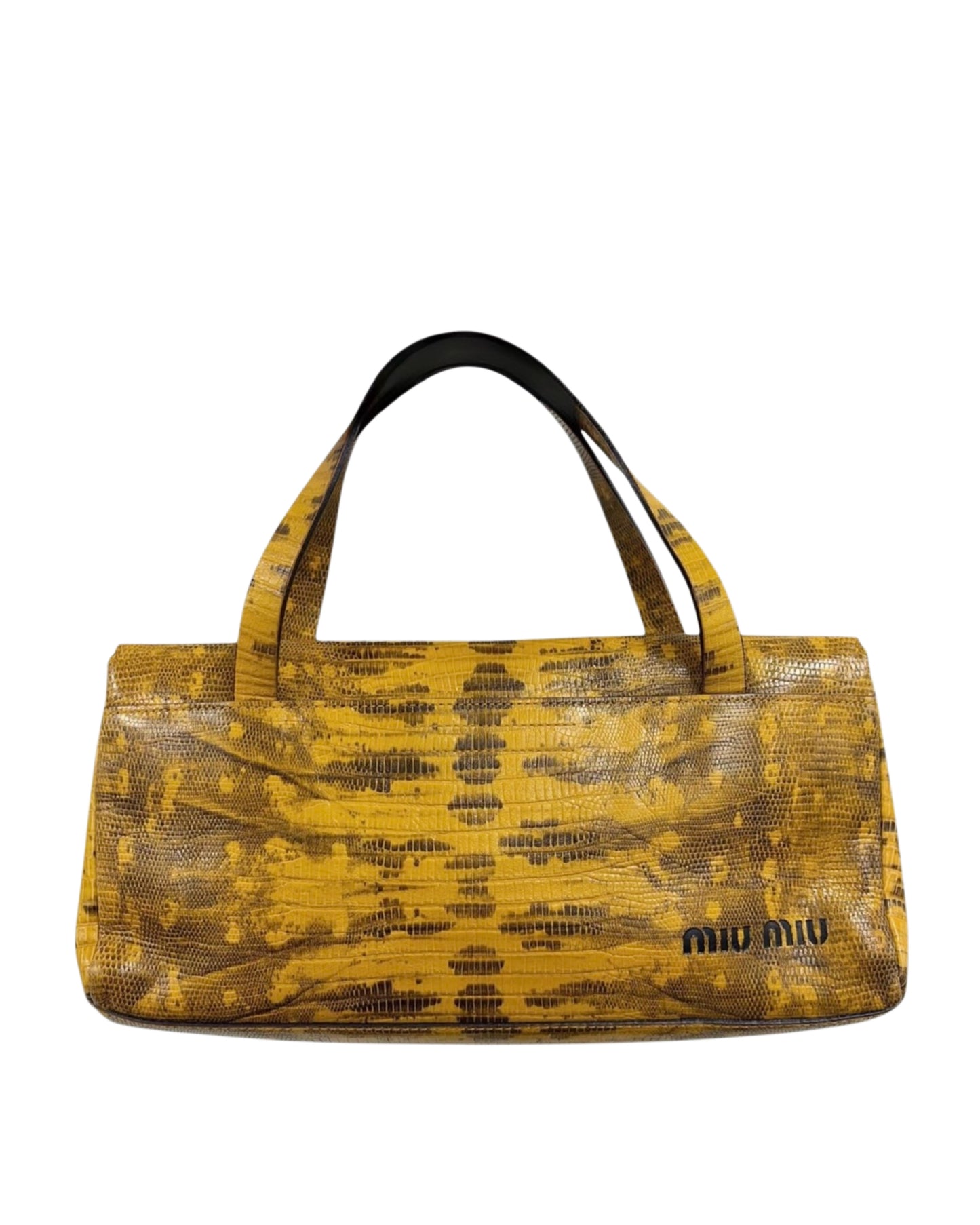 Miu Miu Vintage S/S 2000 Yellow Embossed Lizard Leather Bow Pochette Clutch Bag 