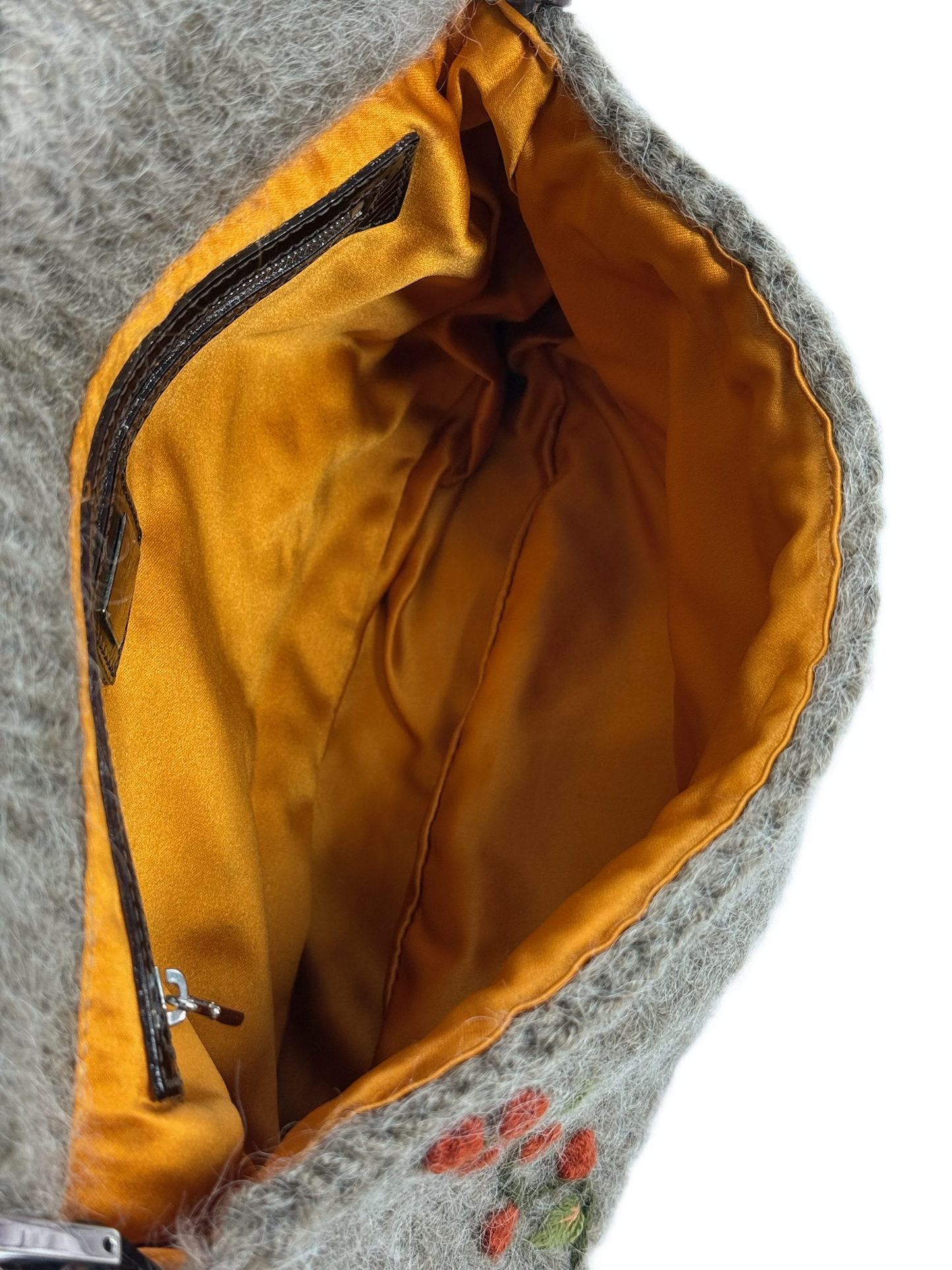 Fendi Vintage Grey Wool Knit Cherry Embroidered Shoulder Mamma Baguette Bag