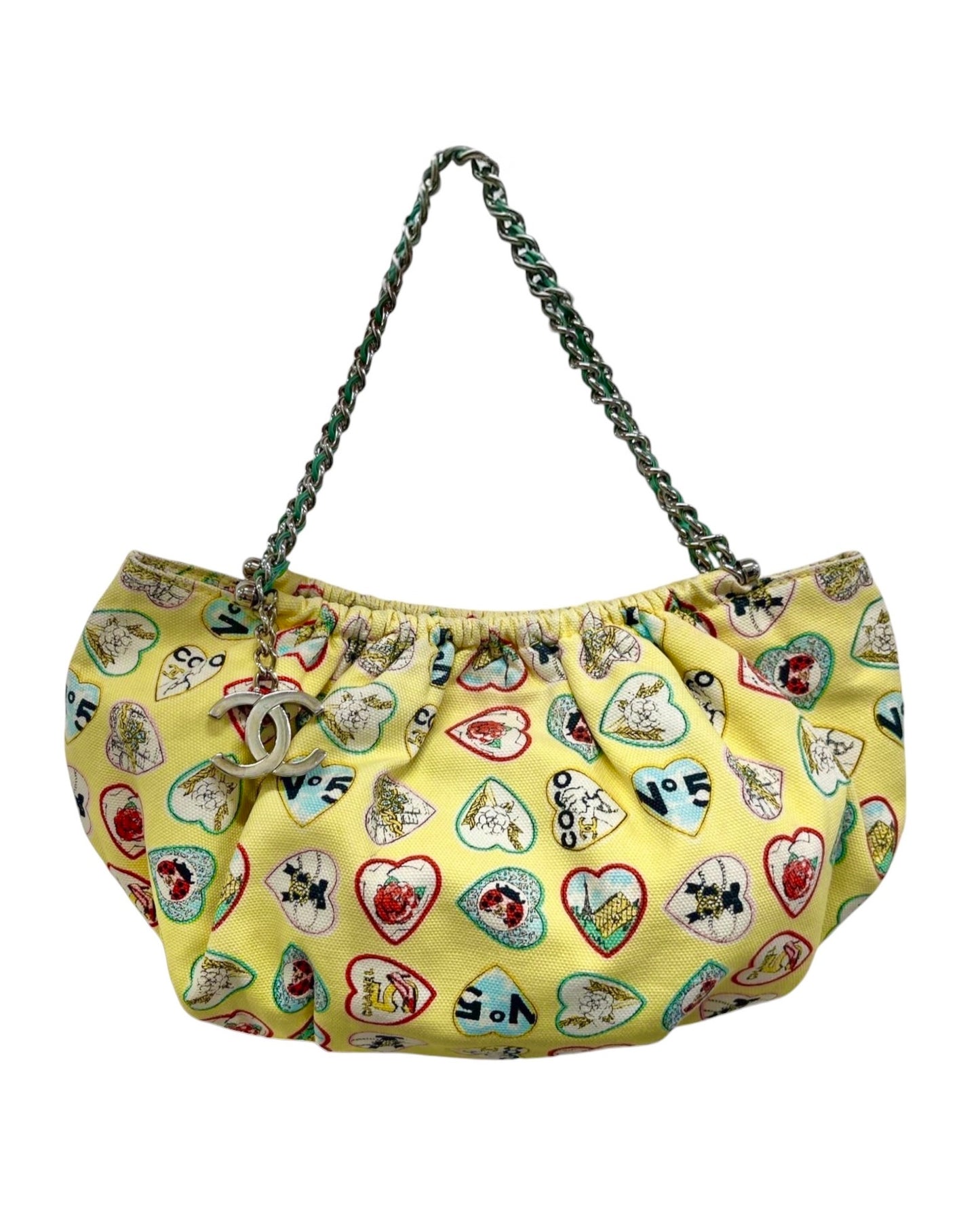 Chanel Vintage 2006 Yellow Valentine Heart Motif Canvas CC Charm Small Pochette Bag