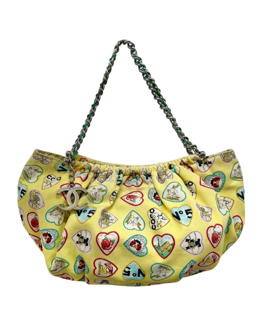 Chanel Vintage 2006 Yellow Valentine Heart Motif Canvas CC Charm Small Pochette Bag