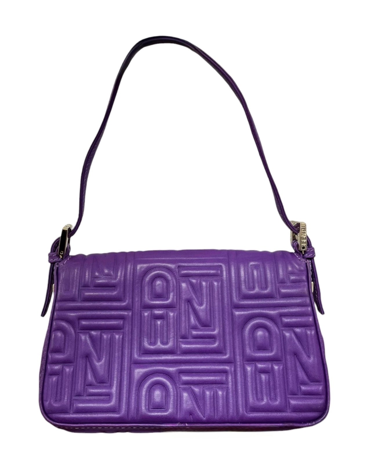 Fendi Purple Embossed Nappa Leather Logo Mini Shoulder Baguette Bag