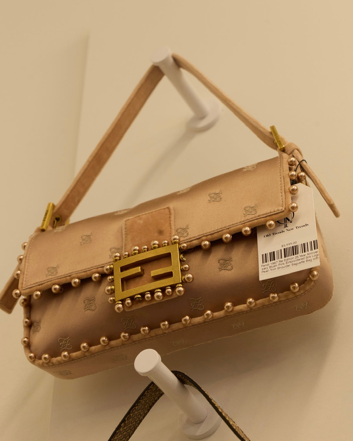 Fendi 1997 Re-Edition 25 Year Anniversary Blush Pink Embroidered Silk Logo Pearl Trim Shoulder Baguette Bag with Velour Trim
