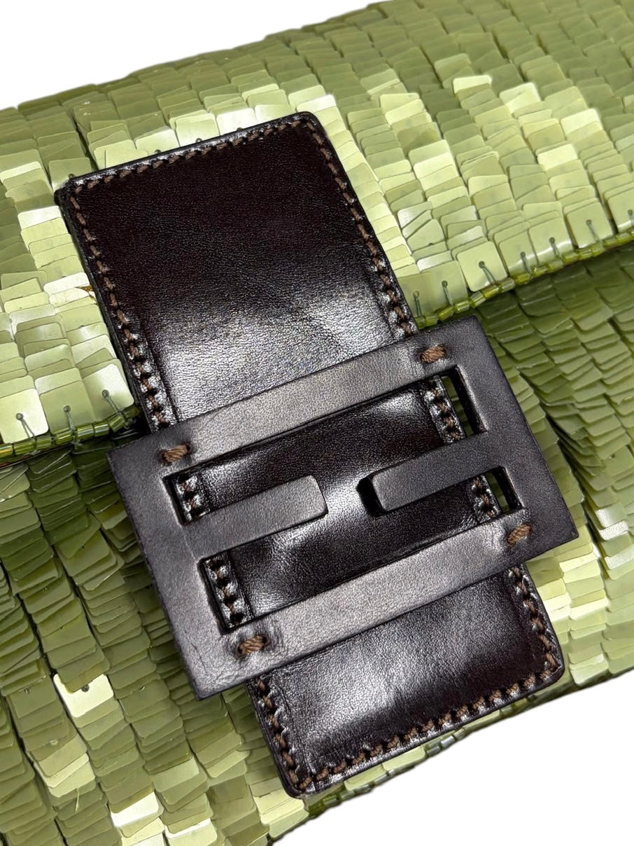 Fendi Vintage Green Paillattes Sequin Beaded Shoulder Baguette Bag 