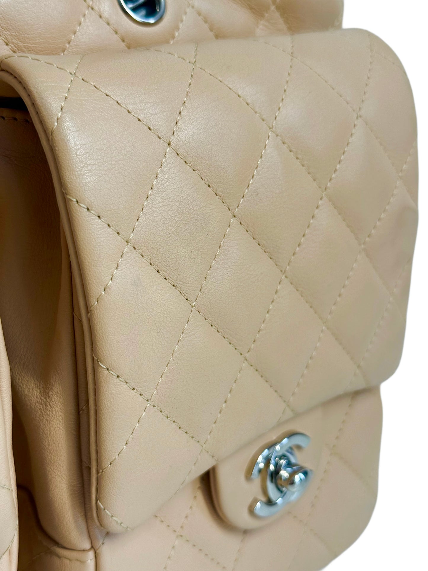 Chanel Vintage 00s Beige Quilted Lambskin Black CC Cambon Large Reporter Shoulder Bag