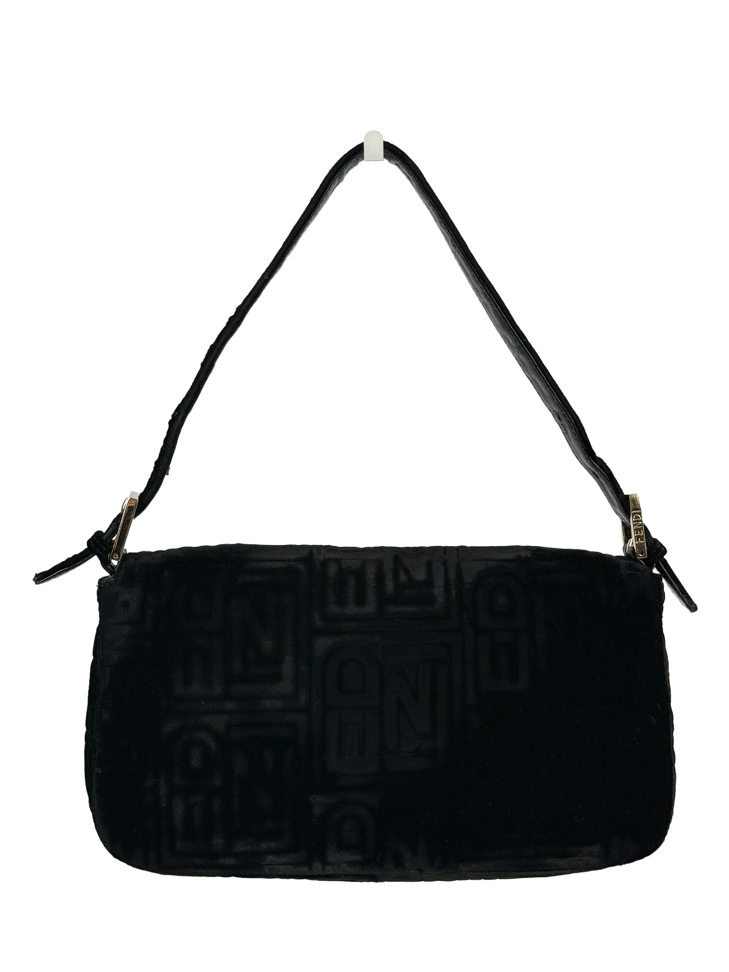 Fendi Vintage Black Embossed Monogram Velvet Velour Shoulder Baguette Bag w Gold Crystal Logo
