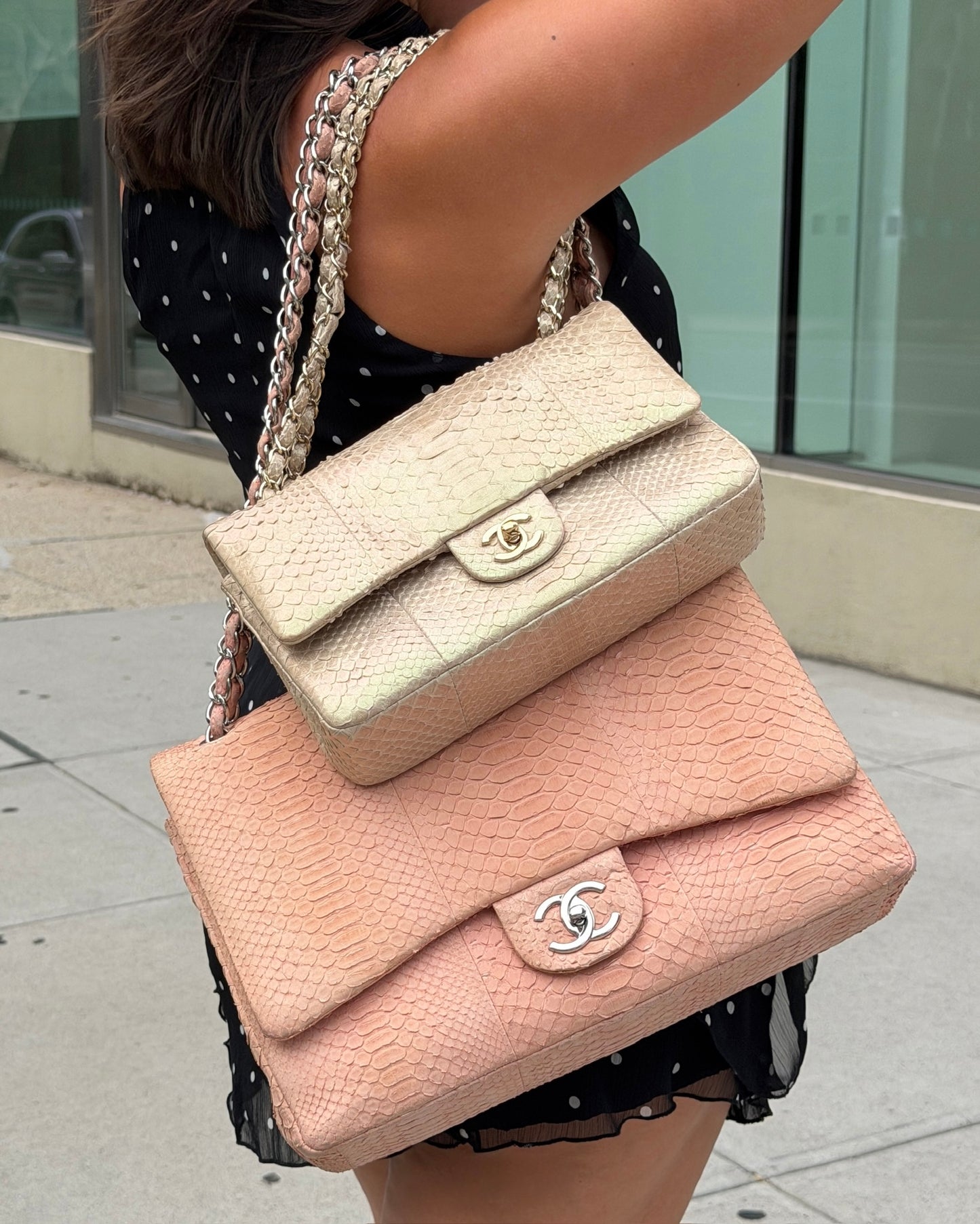 Chanel 2011 Rose Pink Python Classic Jumbo Double Flap Bag with Silver Hardware