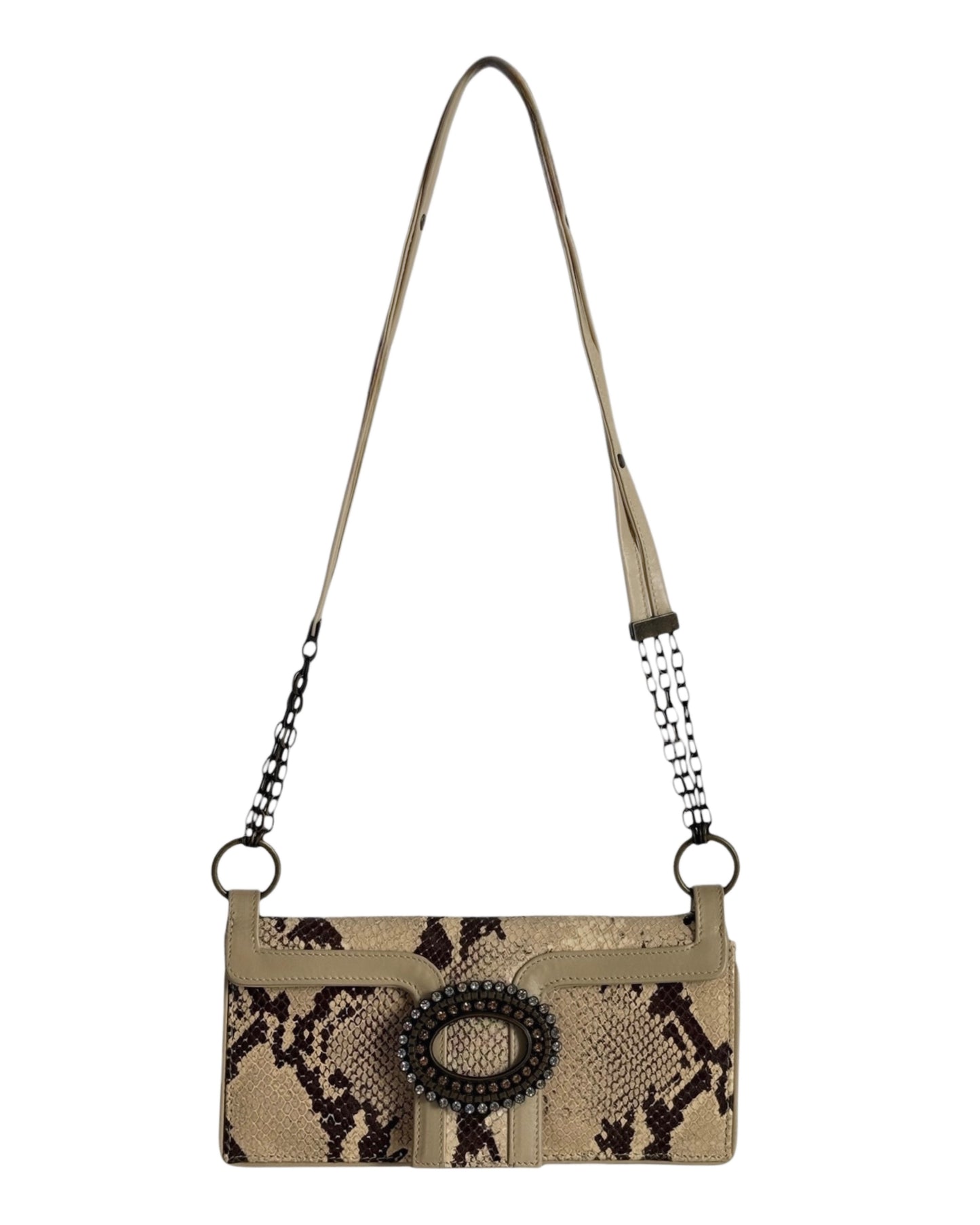 Dolce & Gabbana Vintage Beige Python Leather Crystal Clasp Shoulder Evening Bag 