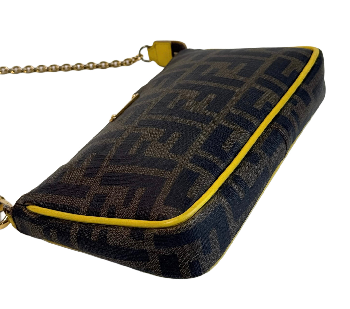 Fendi Vintage Brown Zucca Monogram Coated Canvas Pochette Bag w Yellow Leather Trim