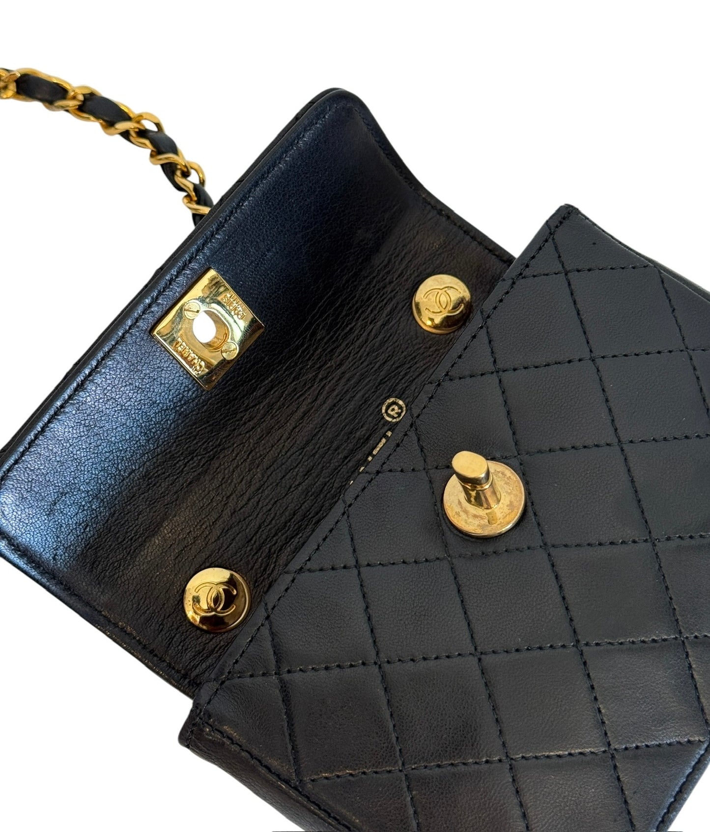 Chanel Vintage 80s Black Quilted Lambskin Micro Mini Rectangular Classic Flap Bag with 24K GPHW