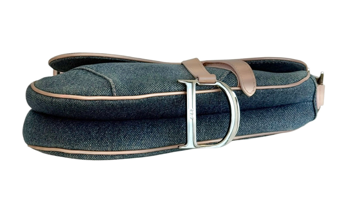Dior Vintage 2002 Light Blue Denim Pink Patent Trim Jeans Saddle Bag