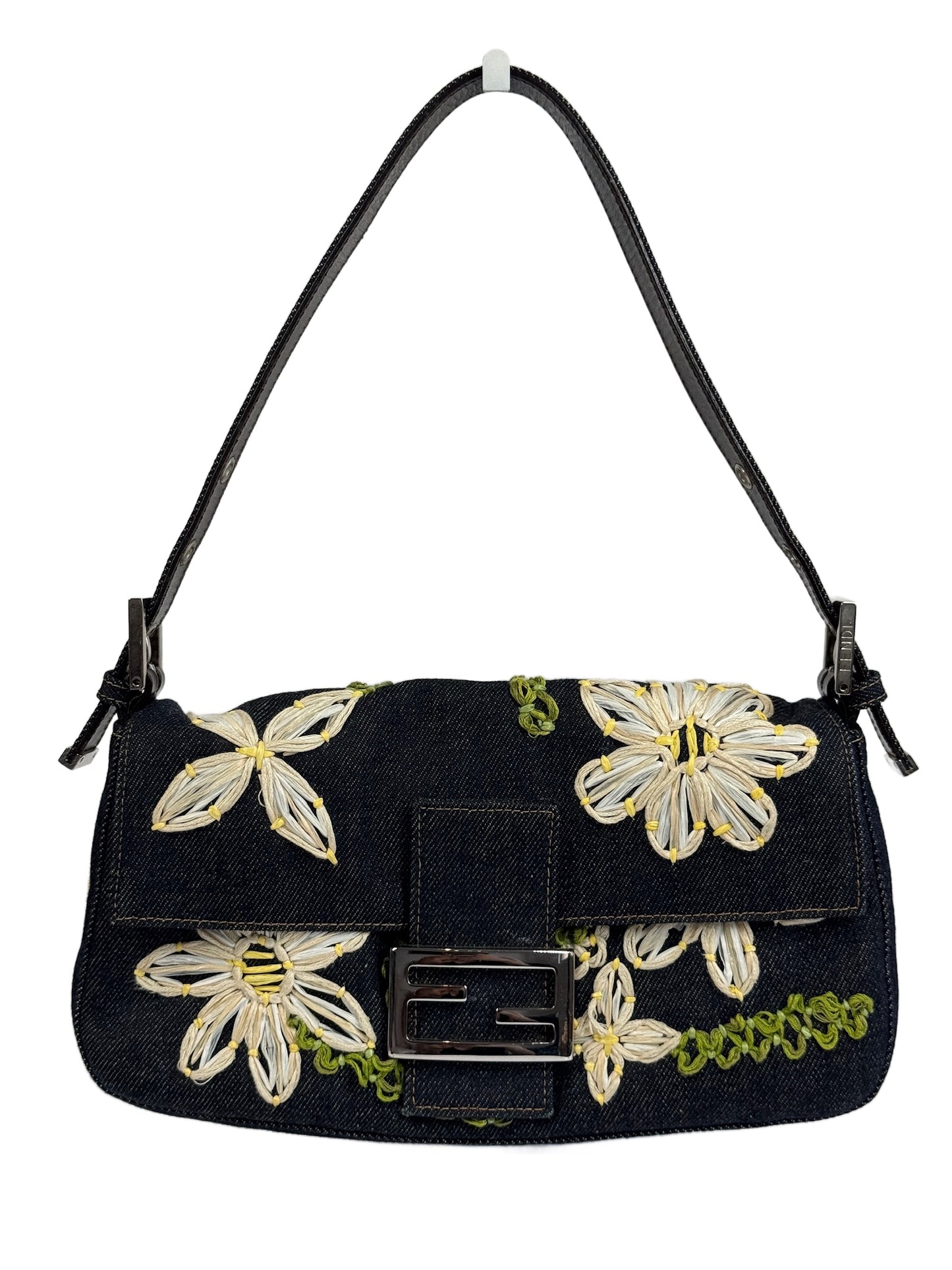 Fendi Vintage Blue Denim Floral Embroidered Baguette Shoulder Bag