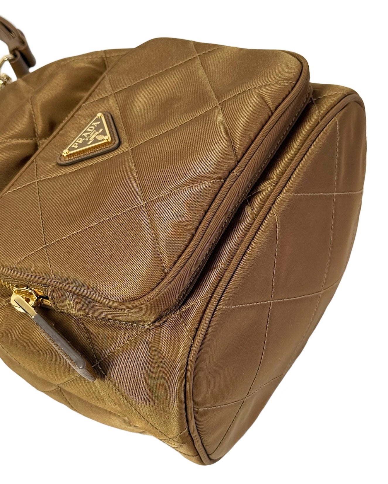 Prada Light Brown Quilted Nylon Small Drawstring Bucket Shoulder Bag