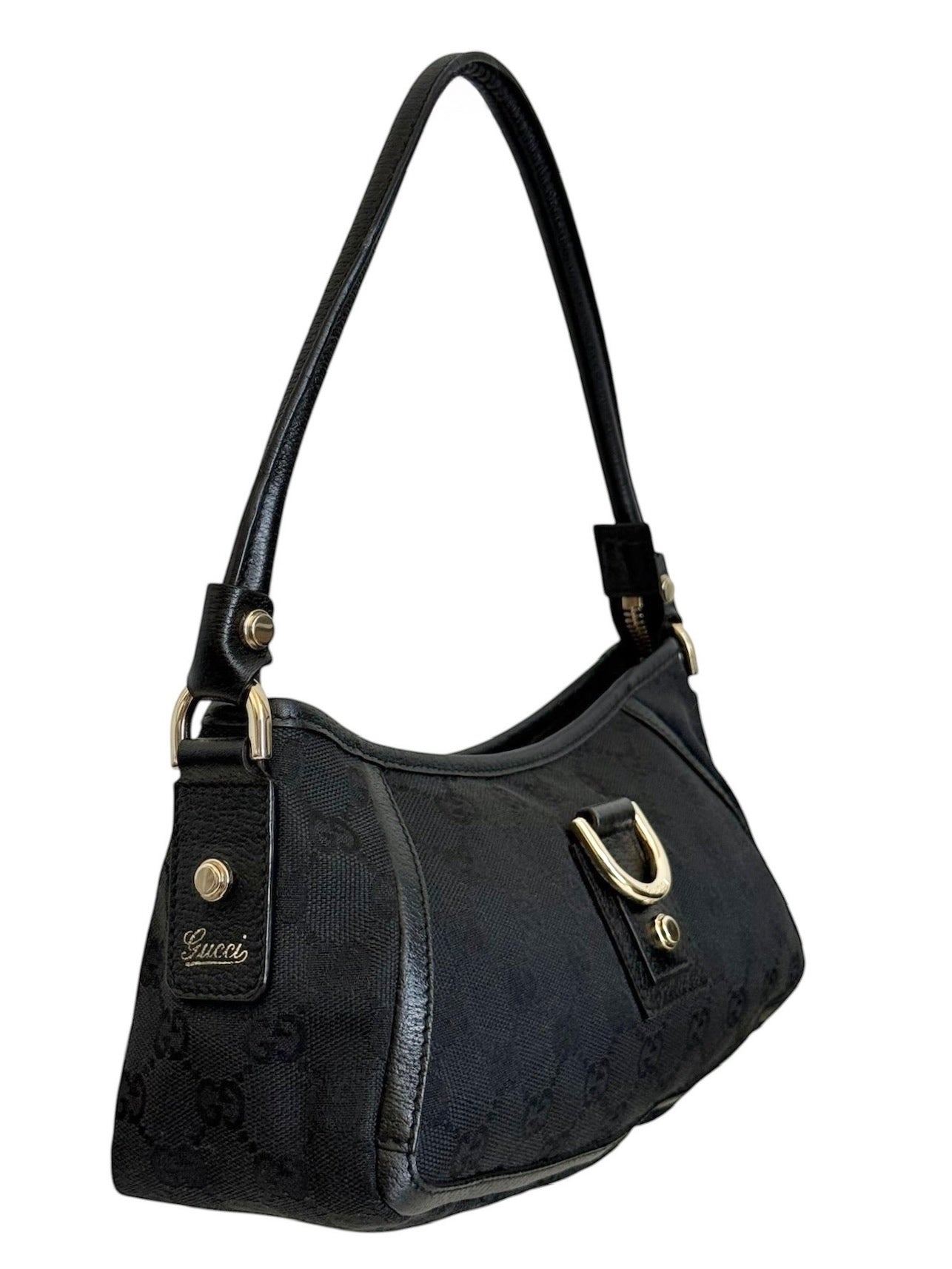 Gucci Vintage Black GG Monogram Canvas Round D Ring Abbey Pochette Bag 