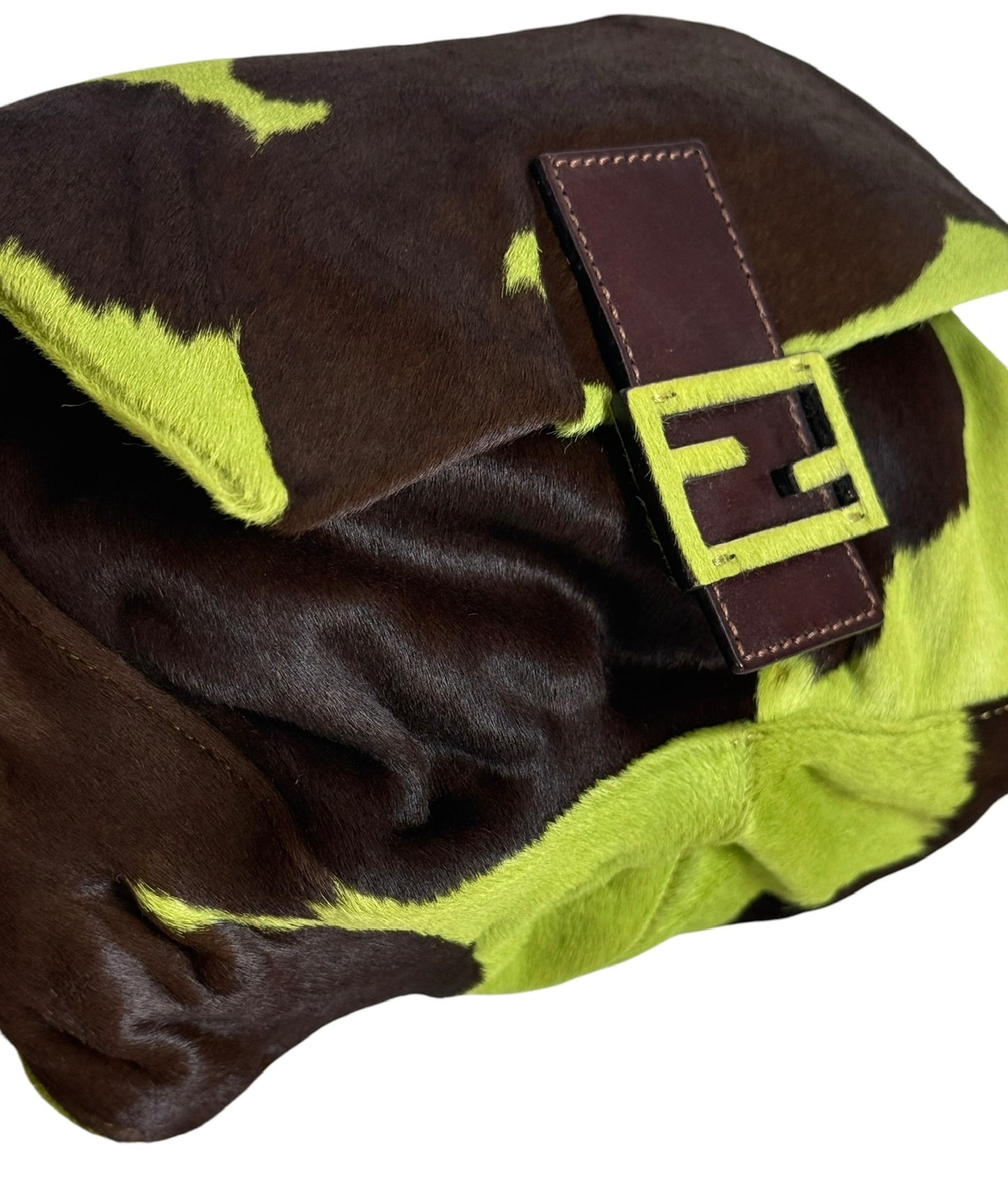 Fendi Vintage Green Pony Hair Cow Print Mamma Baguette Shoulder Bag 