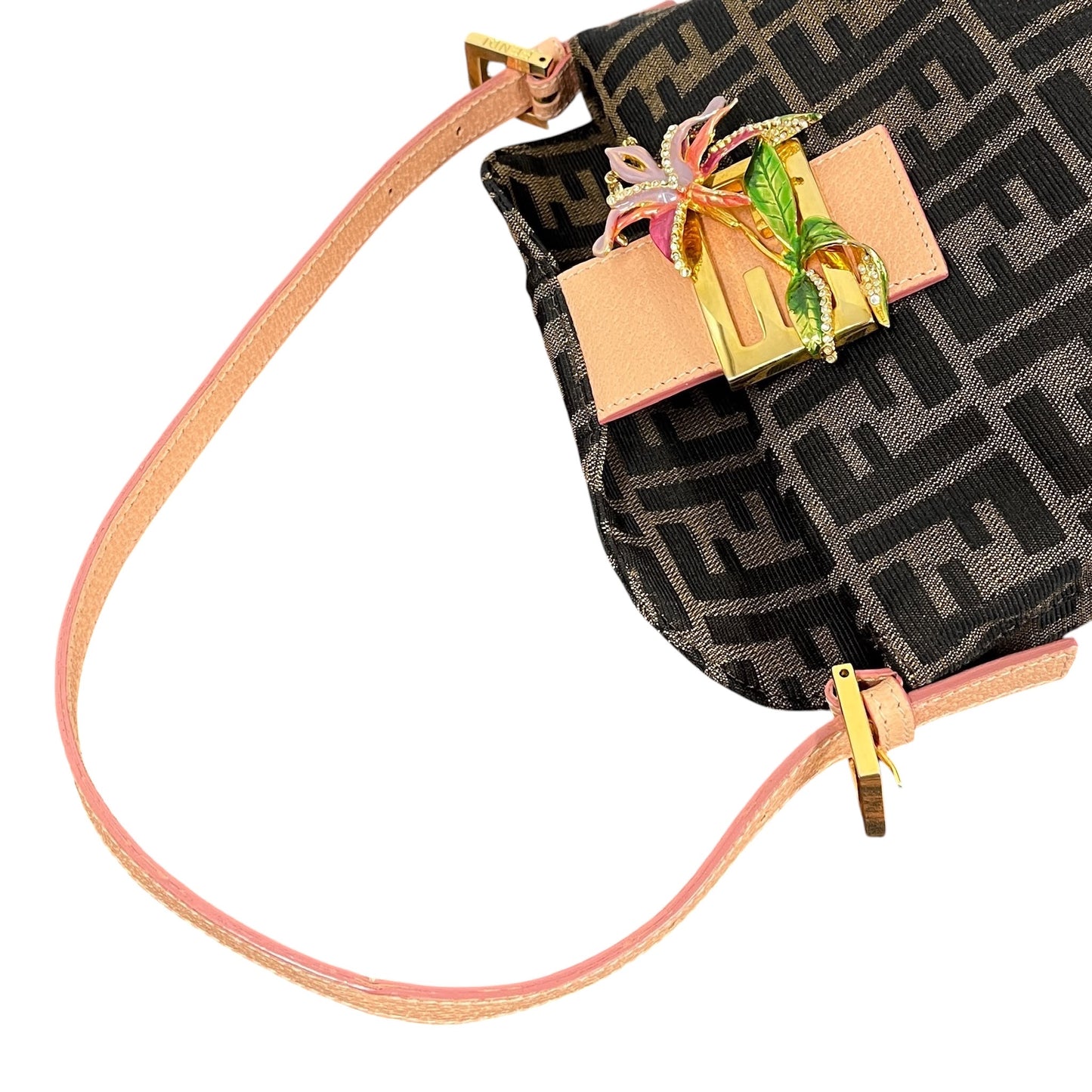 Fendi Vintage Brown Zucca Monogram Bucket Baguette Shoulder Bag with Enamel Floral Embellished Clasp