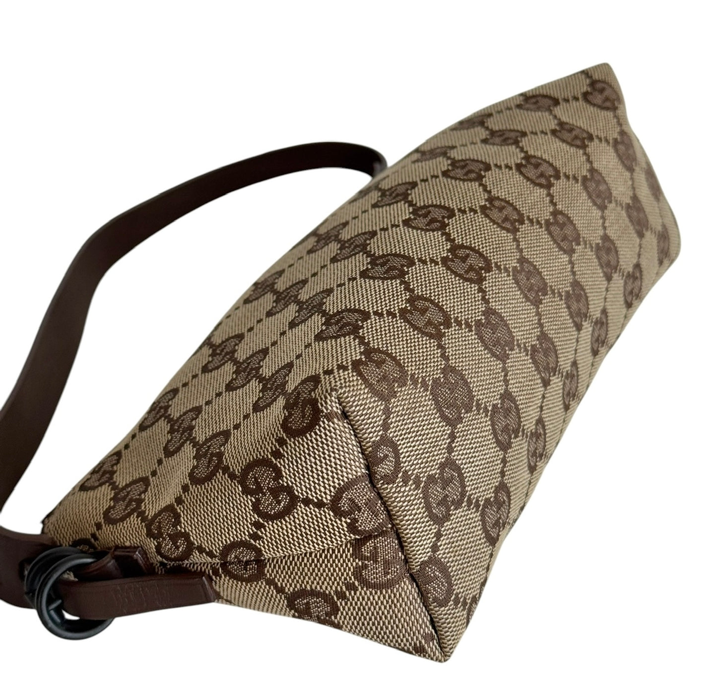 Gucci Vintage Brown GG Monogram Small Pochette Shoulder Bag with Dark Brown Leather Trim