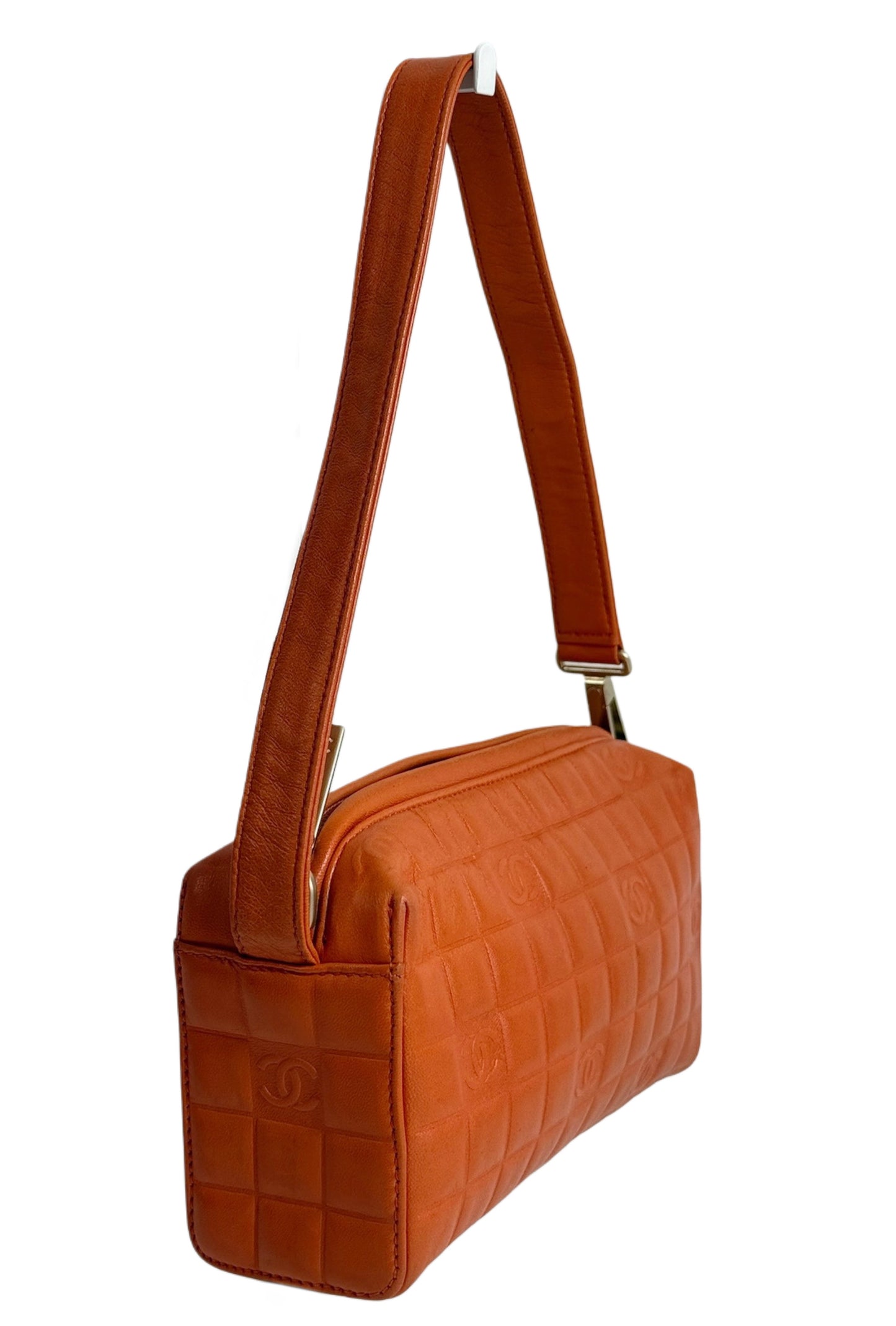 Chanel Vintage 2003 Orange Lambskin Chocolate Bar Quilted Shoulder Pochette Bag