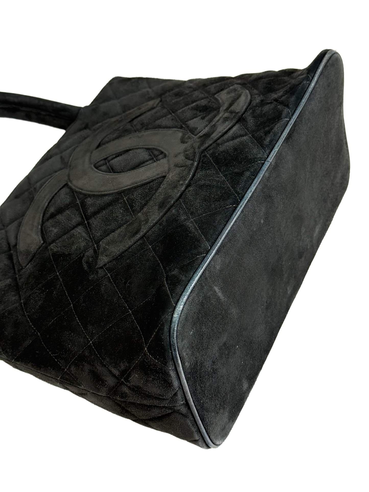 Chanel Vintage 90s Black Quilted Suede Medallion CC Shoulder Tote Bag