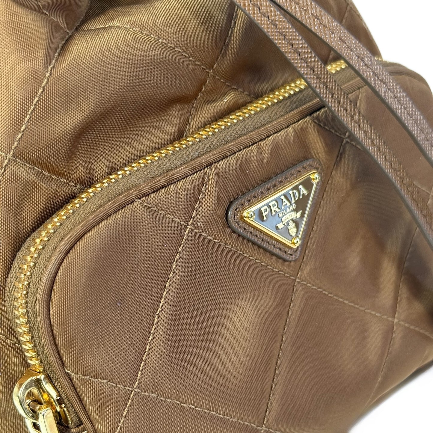 Prada Light Brown Quilted Nylon Small Drawstring Bucket Shoulder Bag