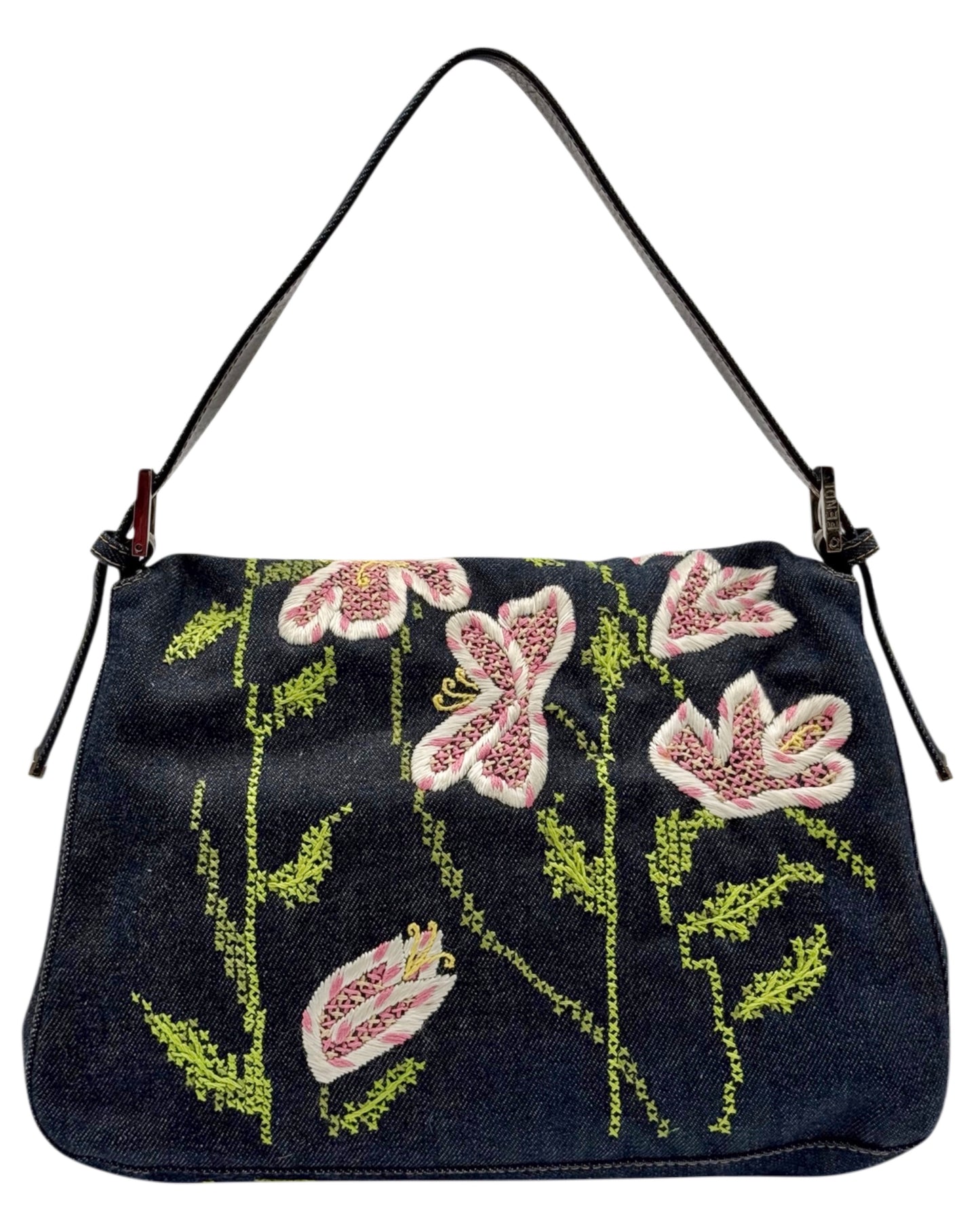 Fendi Vintage Blue Denim Pink Floral Embroidered Mamma Baguette Shoulder Bag