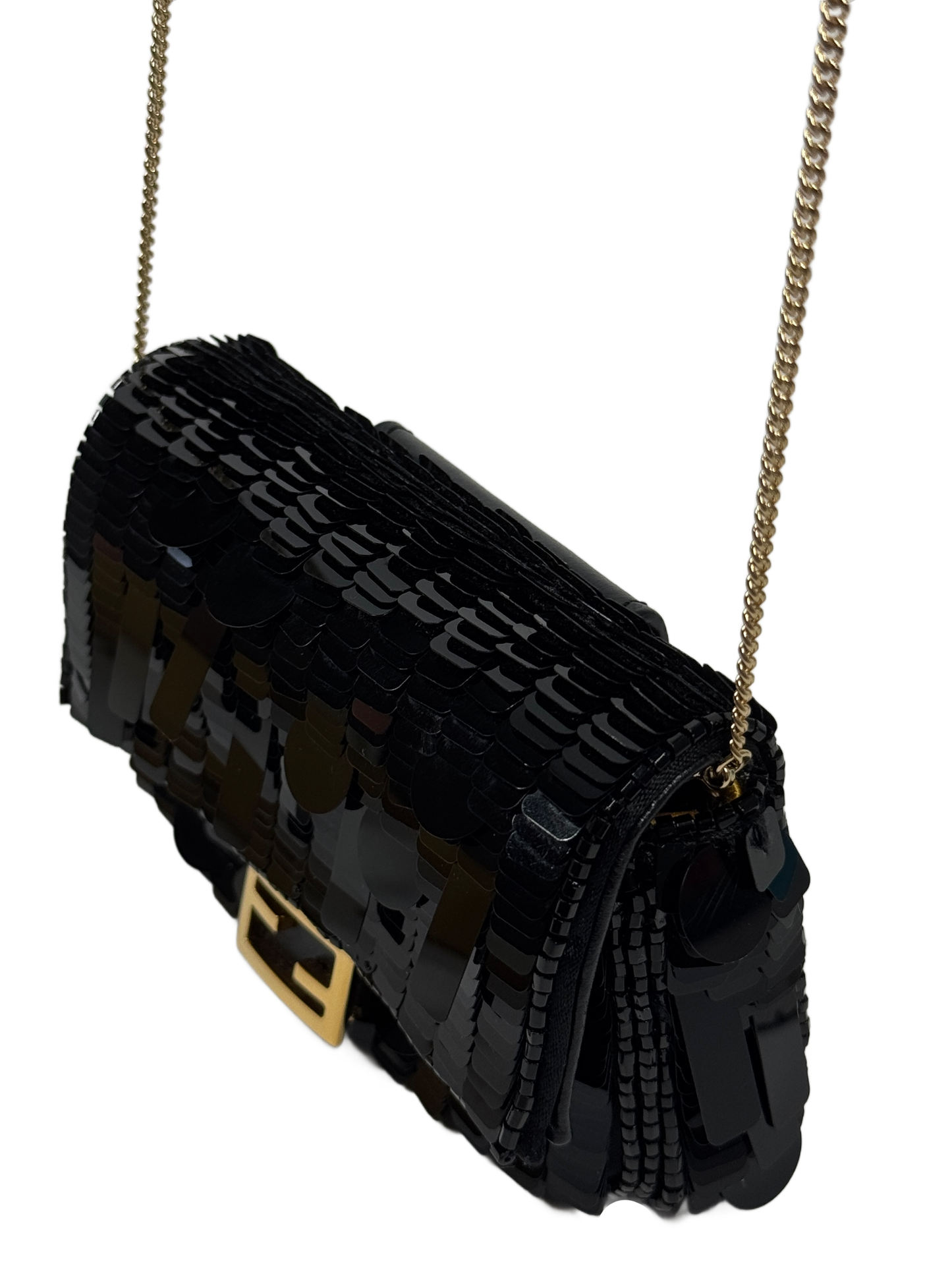 Fendi Black Shiny Sequin Paillettes Nappa Sex and the City Nano Baguette Crossbody Bag and Belt Charm