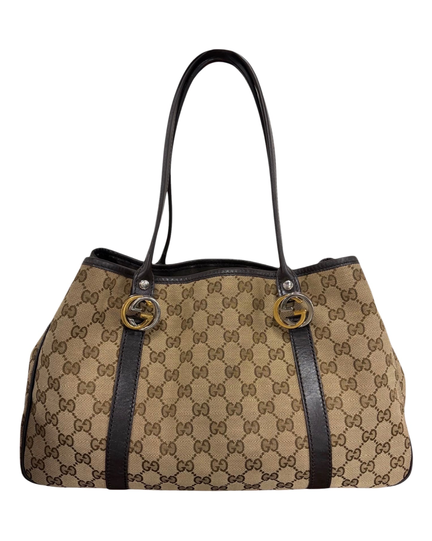 Gucci Vintage Brown GG Monogram Mixed Metal Interlocking GG Twins Shoulder Tote Bag