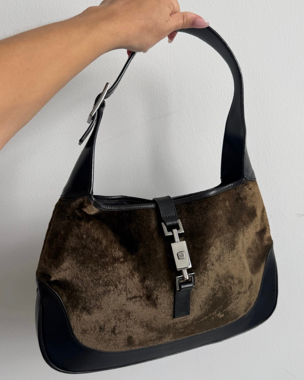 Gucci Vintage Dark Green Velour Black Leather Trim Medium Jackie Shoulder Bag