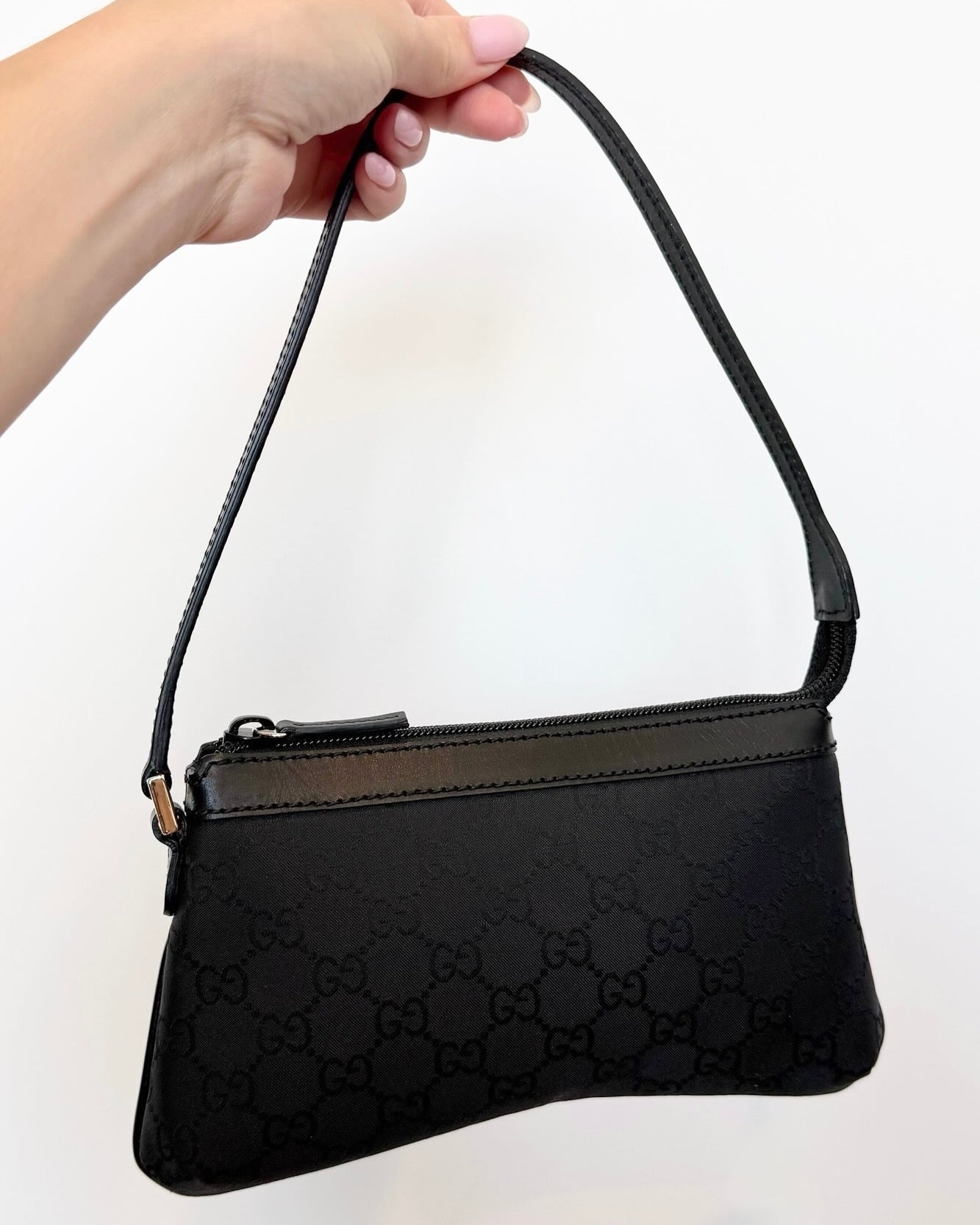 Gucci Vintage Black Satin GG Monogram Mini Shoulder Pochette Bag