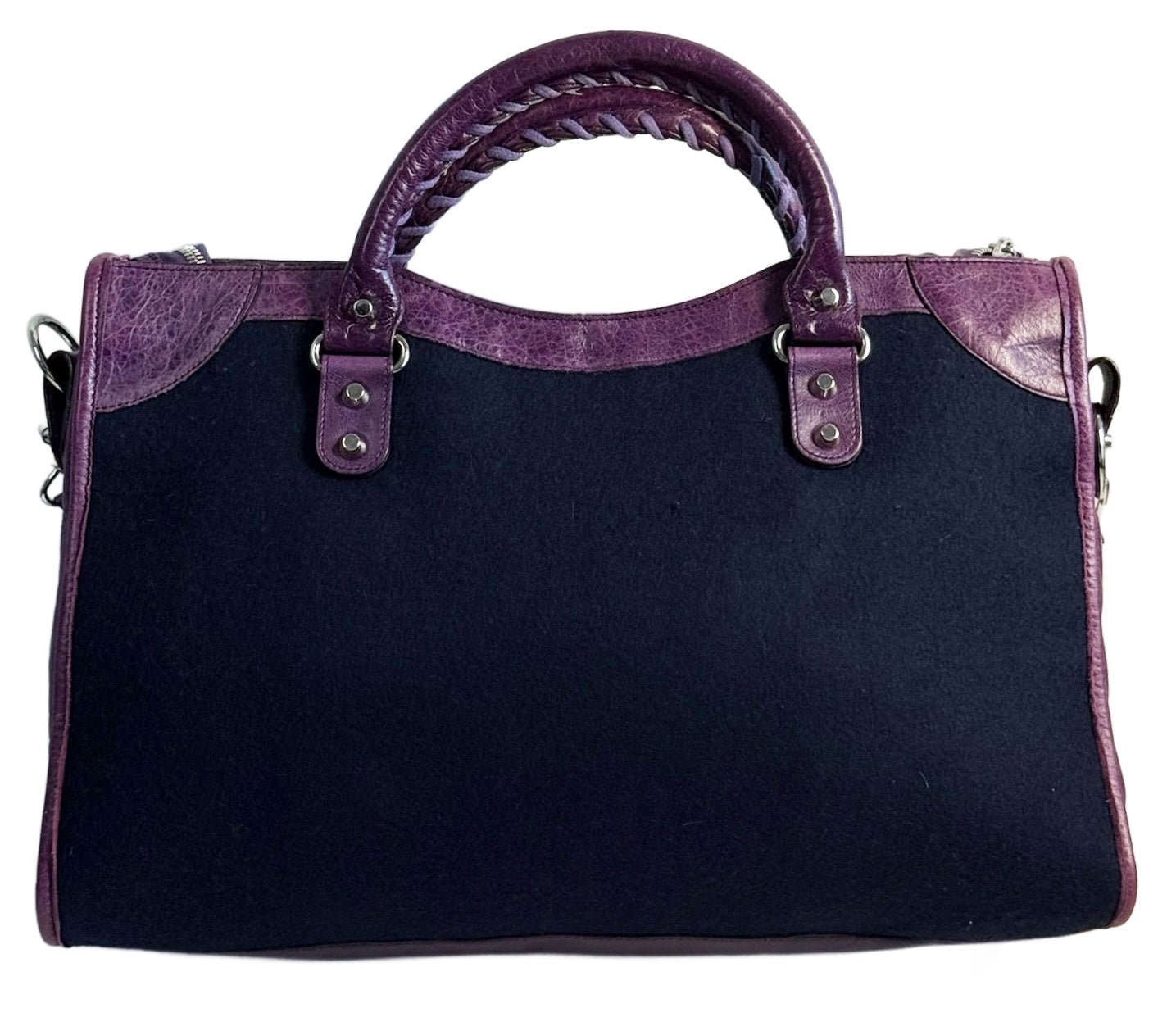 Balenciaga Vintage Blue Felt Purple Leather Trim Large City Bag