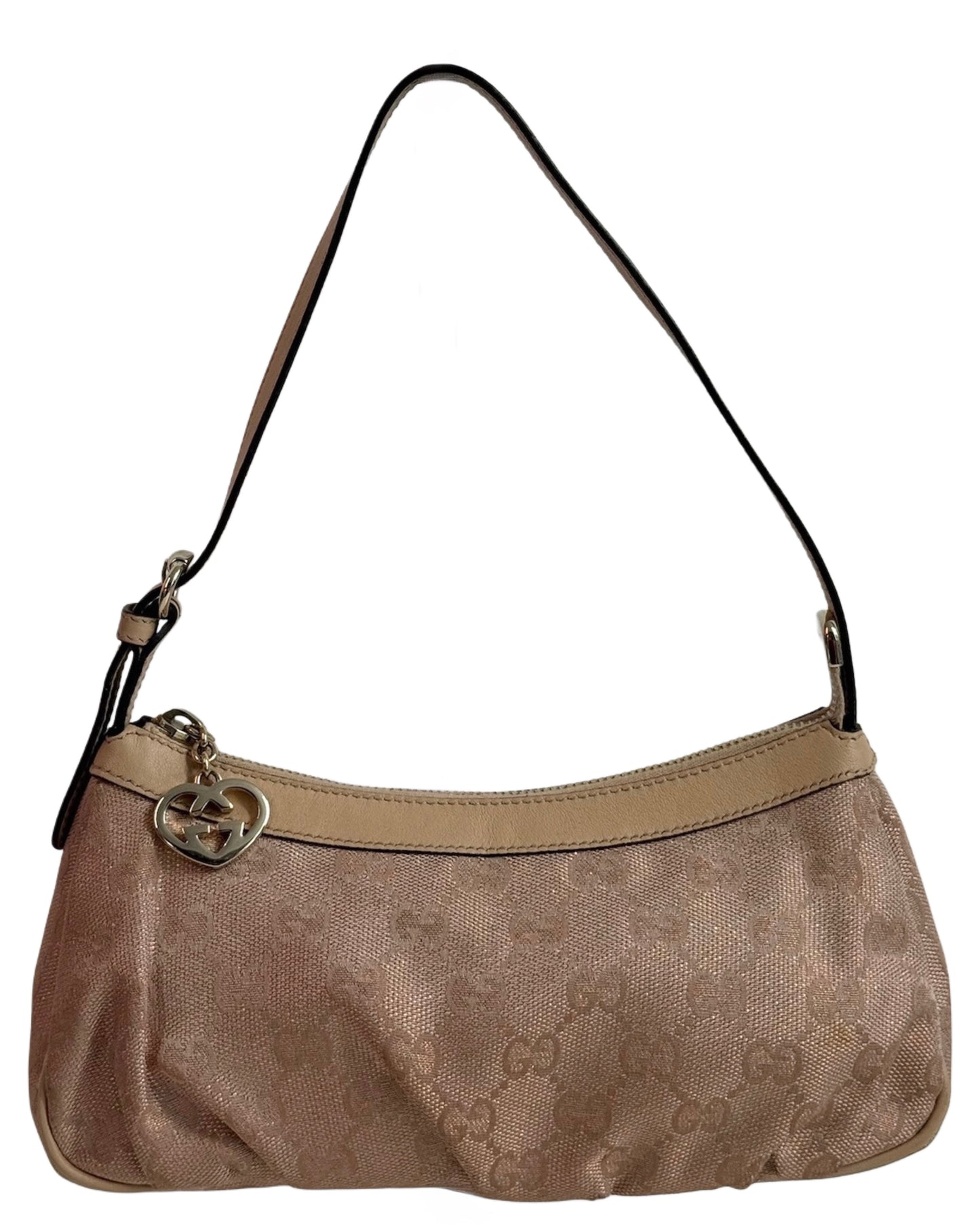 Gucci Vintage Metallic Pink GG Monogram Canvas w Ivory Leather Trim Lovely Heart Logo Mini Shoulder Pochette Bag