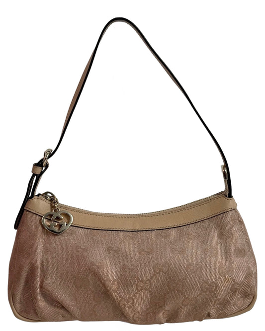 Gucci Vintage Metallic Pink GG Monogram Canvas w Ivory Leather Trim Lovely Heart Logo Mini Shoulder Pochette Bag