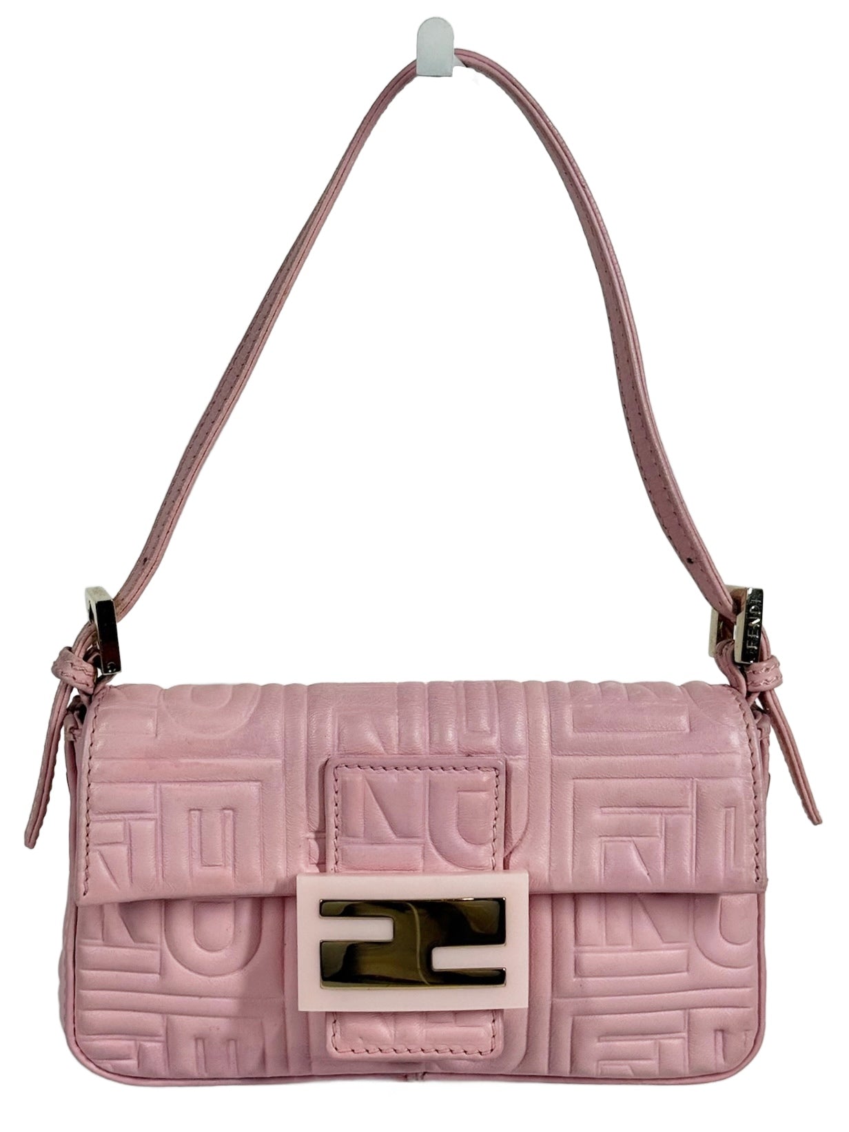 Fendi Pink Nappa Embossed Monogram Logo Leather Mini Baguette Bag