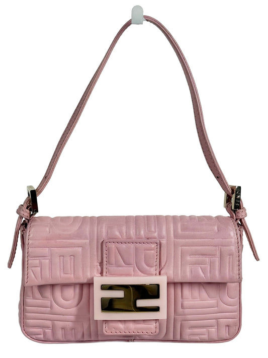 Fendi Pink Nappa Embossed Monogram Logo Leather Mini Baguette Bag