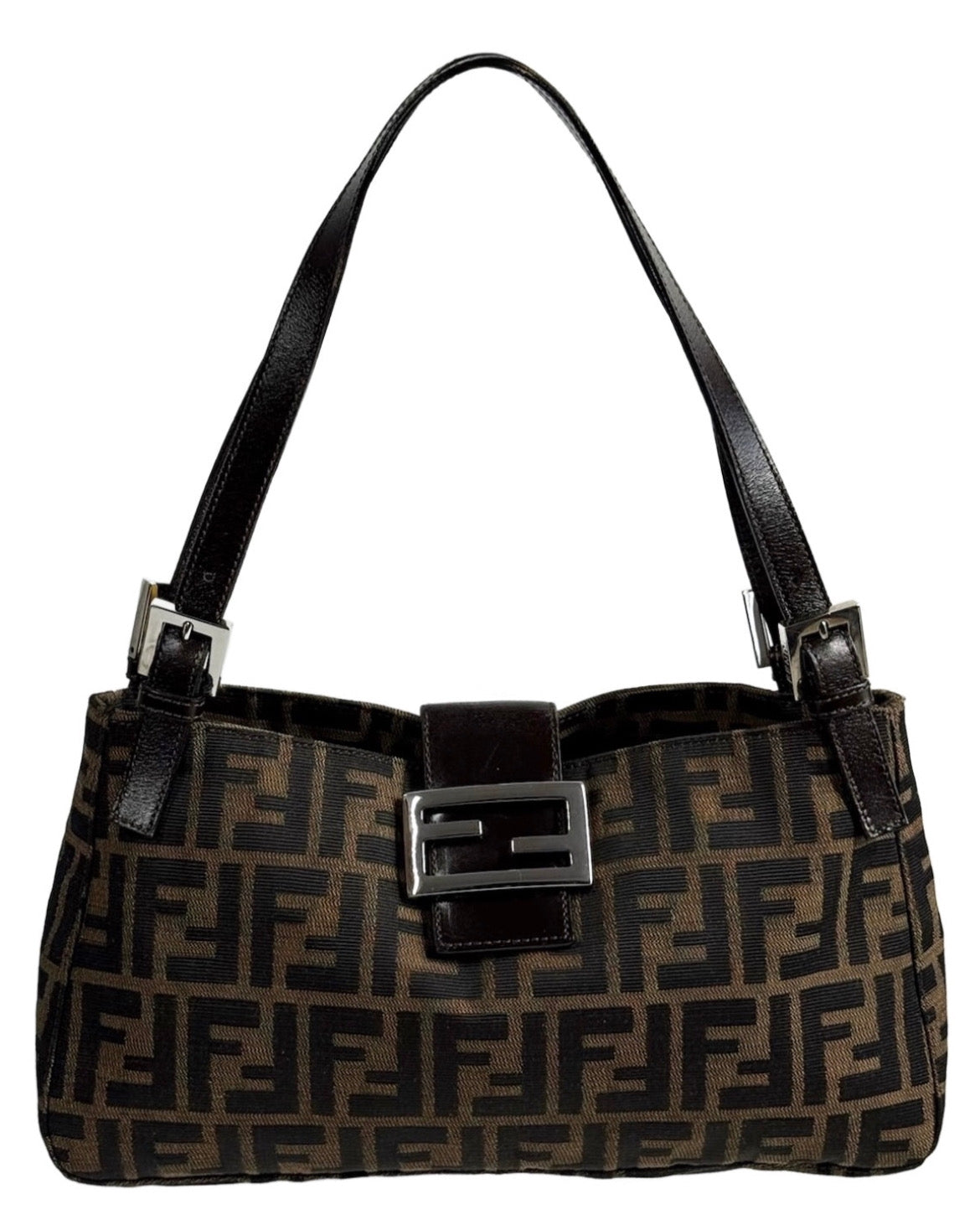 Fendi Vintage Classic Brown Zucca Monogram Medium Open Top Shoulder Baguette Bag