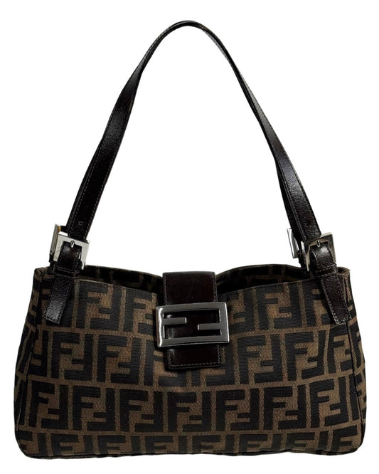 Fendi Vintage Classic Brown Zucca Monogram Medium Open Top Shoulder Baguette Bag