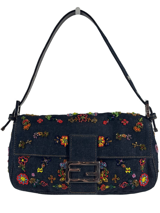 Fendi Vintage Blue Denim Floral Embroidered Beaded Shoulder Baguette Bag