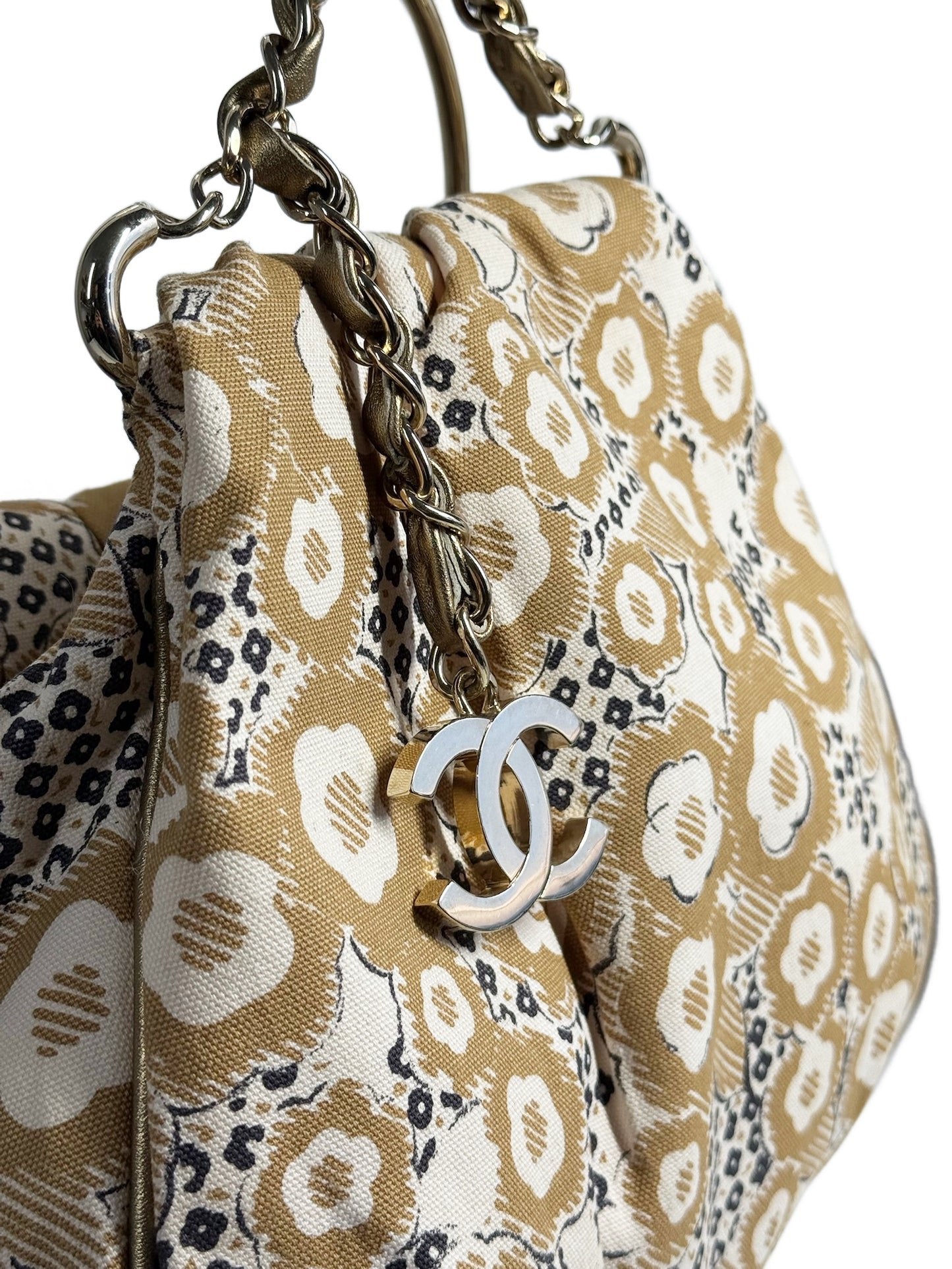 Chanel Vintage 00s Beige Camelia Print Chain Top Handle Clutch Bag