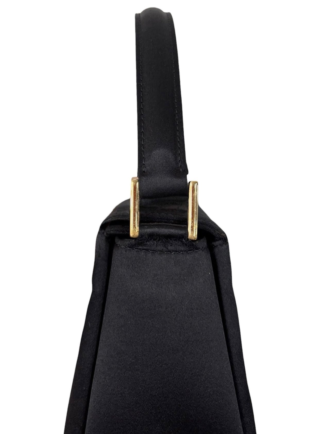 Gucci Vintage 90s Black Satin Gold Logo Mini Bento Box Evening Bag
