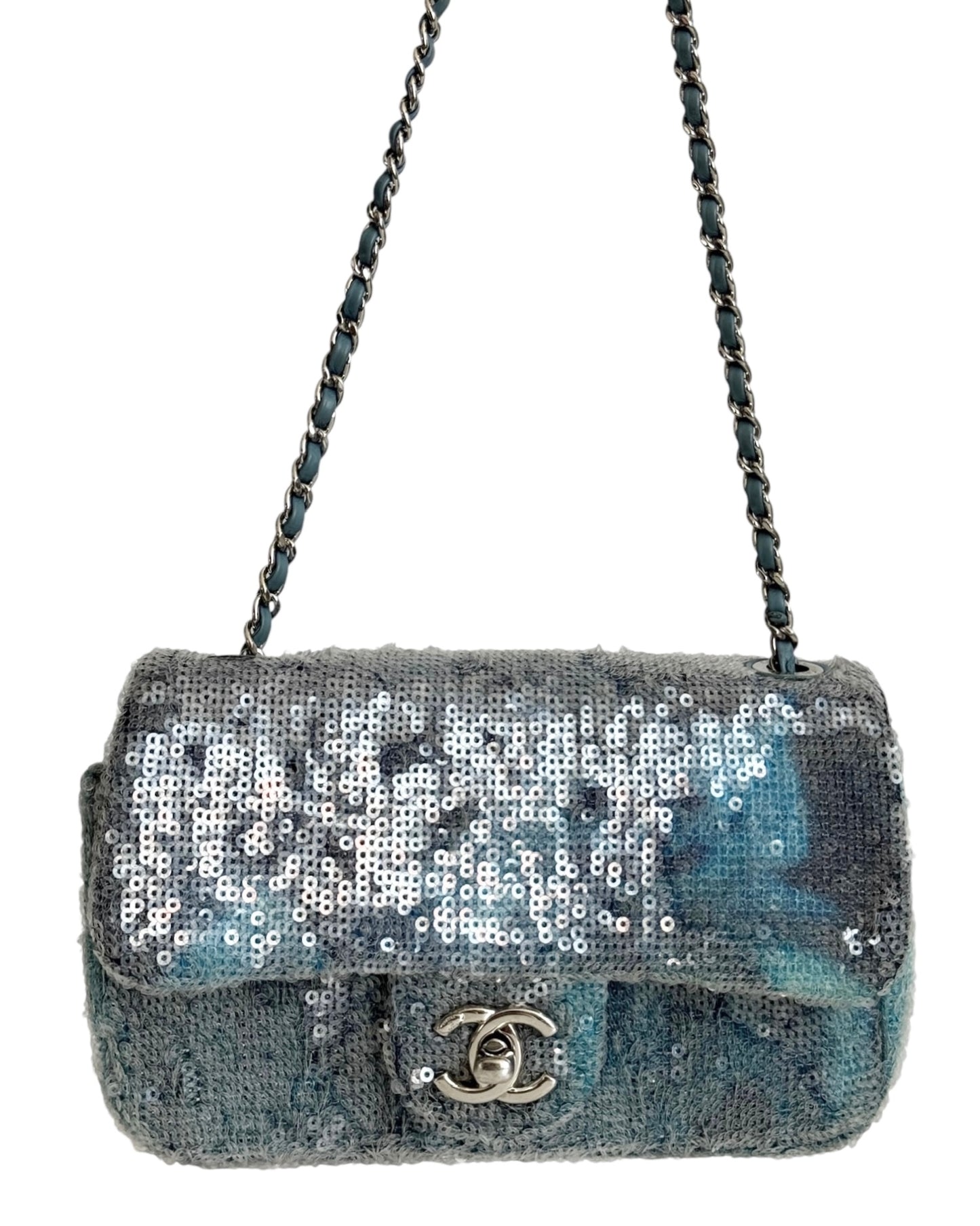 Chanel 2018 Blue Sequin Waterfall Mini Rectangular Classic Flap Bag