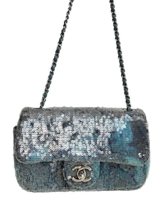 Chanel 2018 Blue Sequin Waterfall Mini Rectangular Classic Flap Bag
