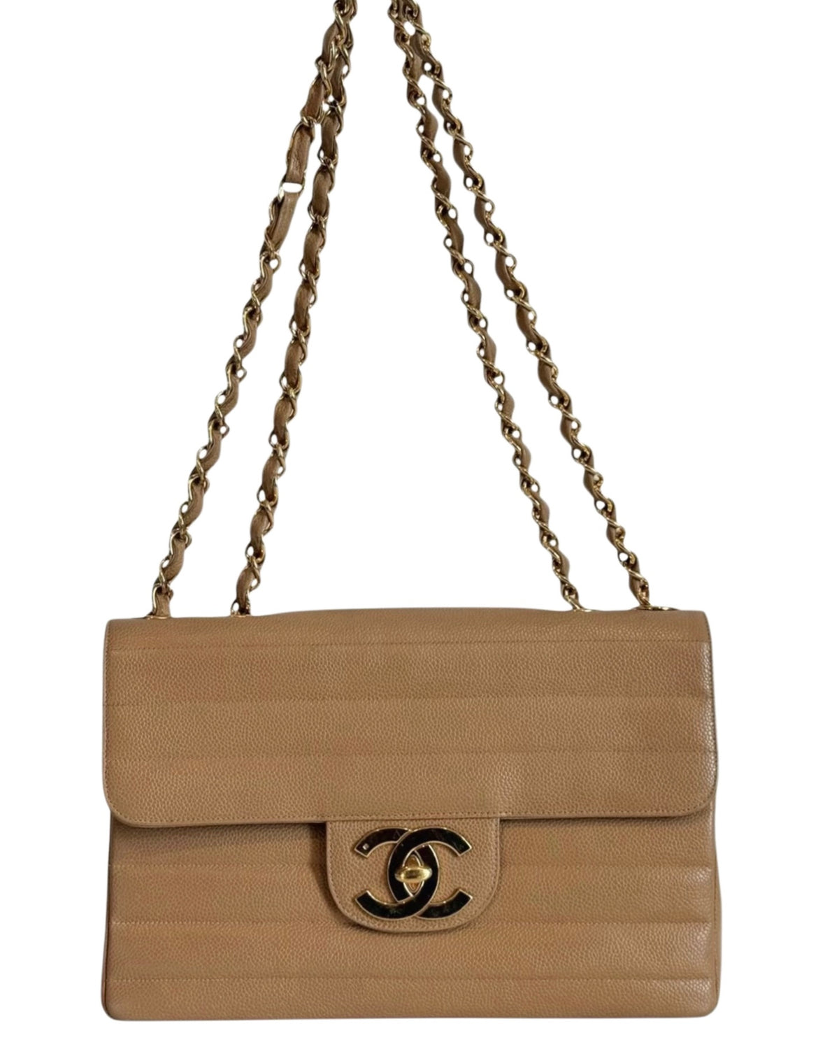 Chanel Vintage 1994-1996 Beige Horizontal Quilted Caviar Leather Jumbo Single Flap Bag with 24K GPHW