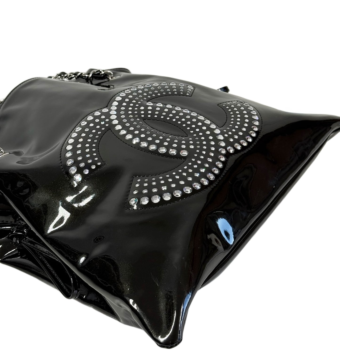 Chanel Vintage Black Patent Leather CC Crystal Embellished Bon Bon Chain Tote Shoulder Bag