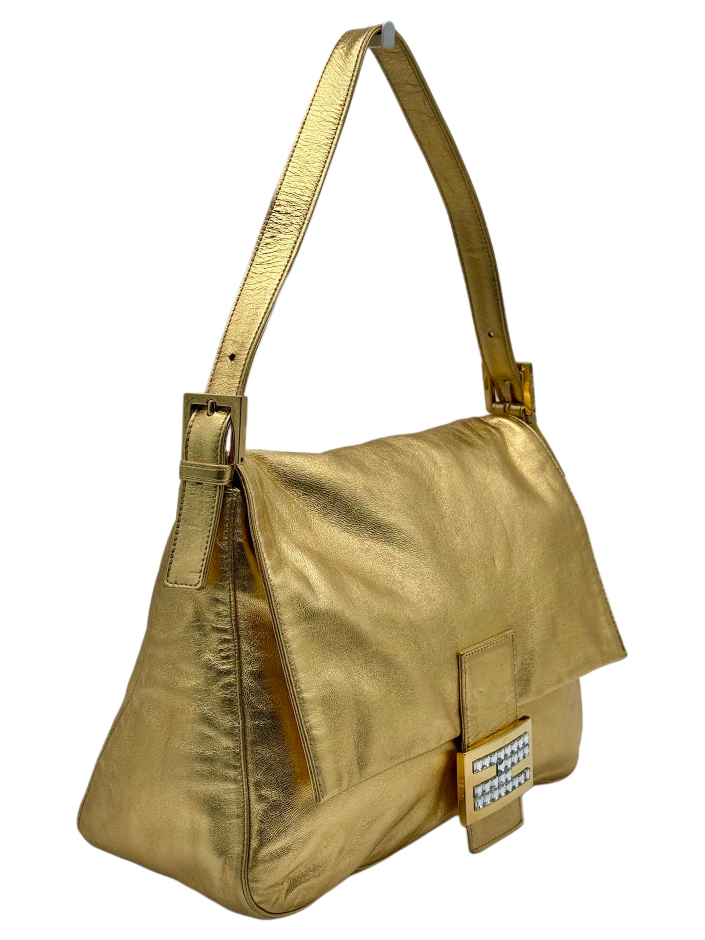 Fendi Vintage Gold Lambskin Leather Crystal Logo Mamma Shoulder Baguette Bag