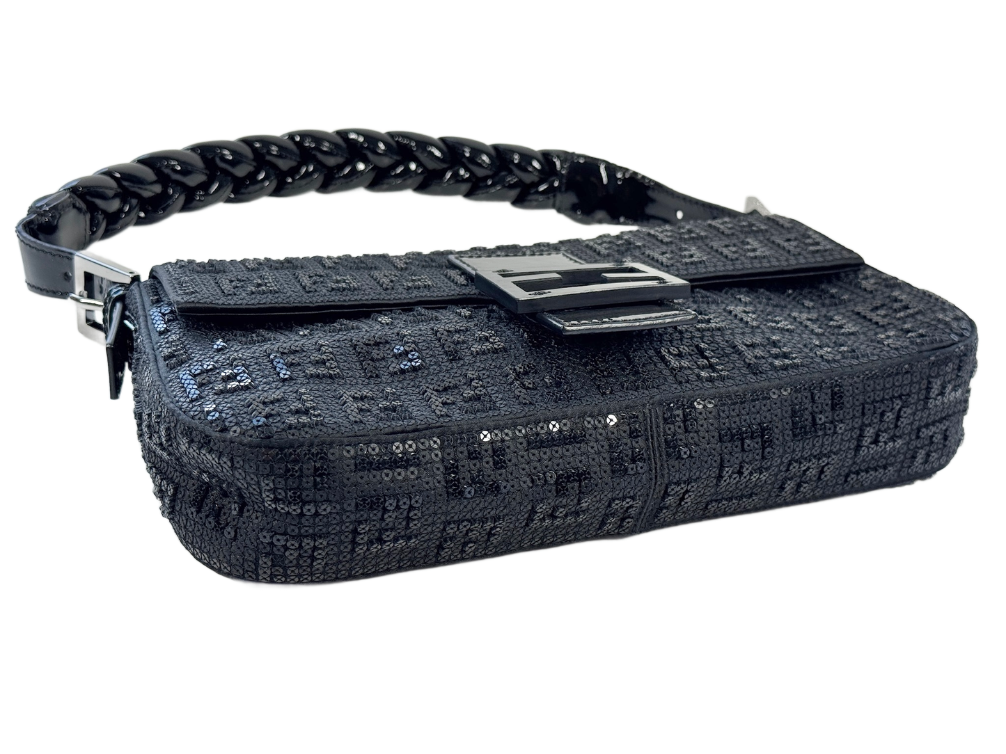 Fendi Black Patent Leather Zucca Monogram Sequin Shoulder Baguette Bag