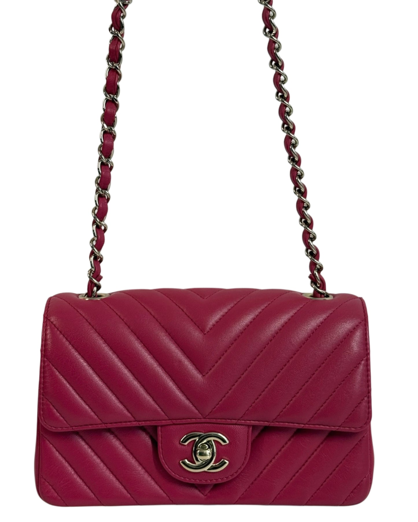 Chanel 2019 Fuchsia Pink Chevron Lambskin Mini Rectangular Classic Flap Crossbody Bag