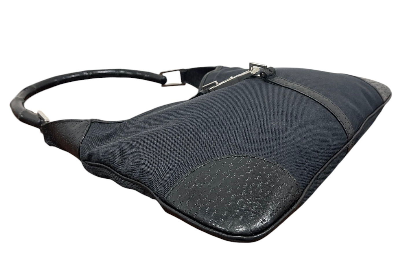 Gucci Vintage Black Canvas Leather Trim Bamboo Handle Small Jackie Shoulder Bag